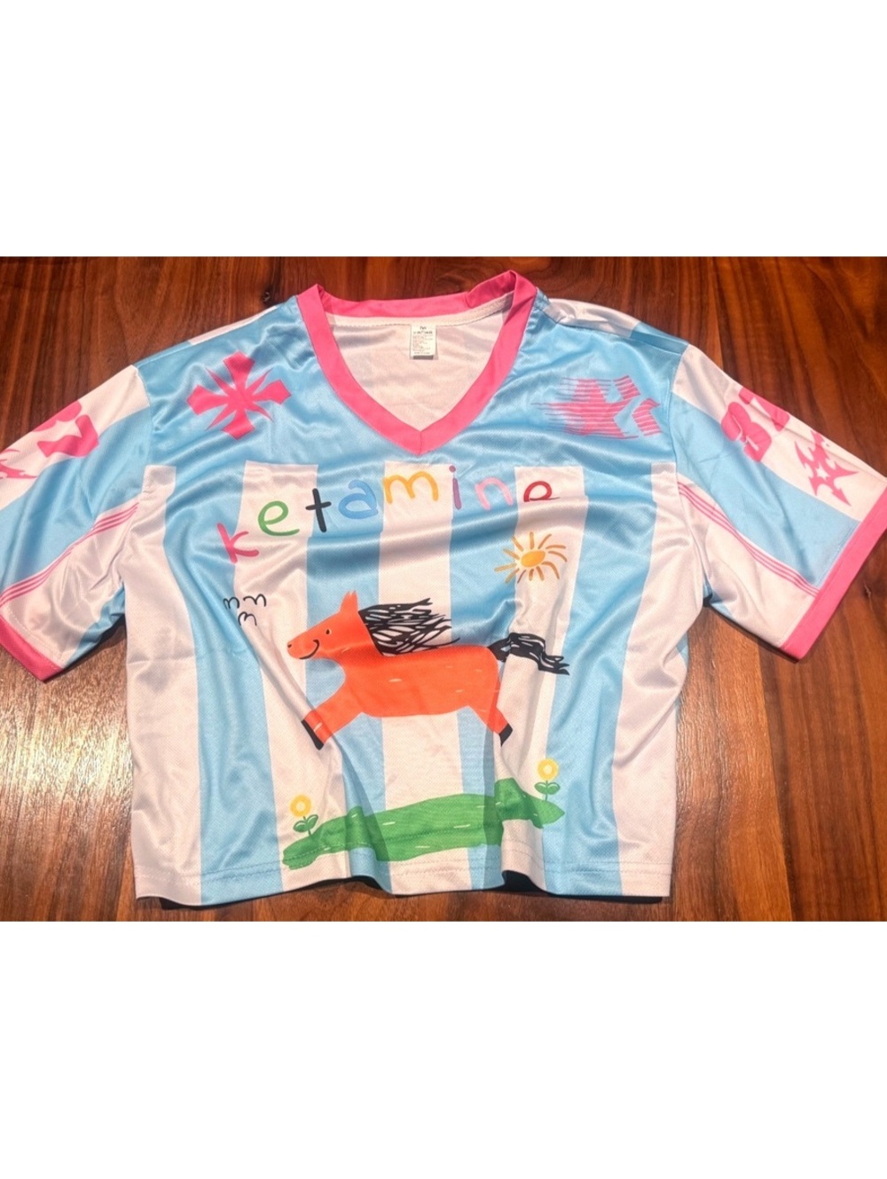 K******* Horse Graphic Y2K Cropped Racing Jersey Blue Pink Size M